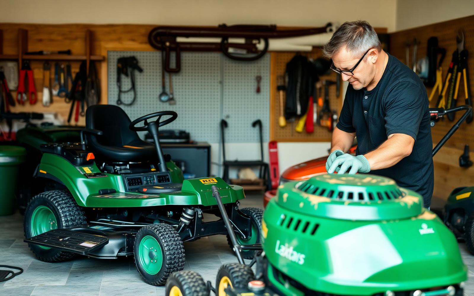 Repair professional inspecting a lawn mower in a workshop with a riding mower nearby